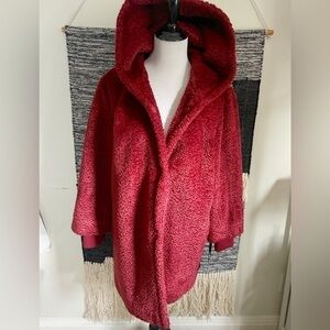 Nikki Jones crushed red hooded faux fur jacket NWT
